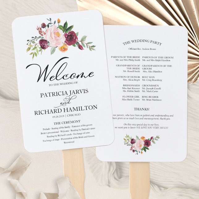 Blush Burgundy Floral Watercolor Hochzeitsprogramm Fächer (Von Creator hochgeladen)