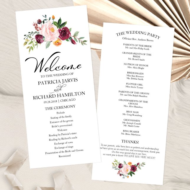 Blush Burgundy Floral Watercolor Hochzeitsprogramm Programm (Von Creator hochgeladen)