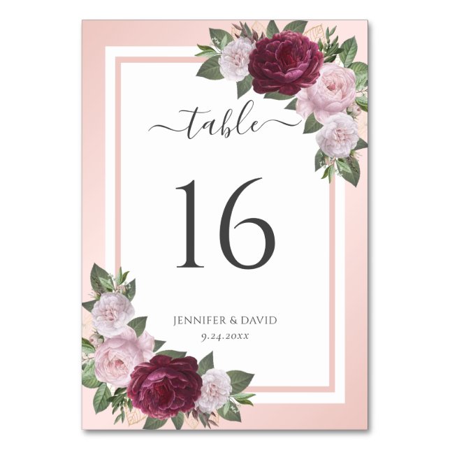 Blush Burgundy Floral Wedding Tischnummer (Vorderseite)
