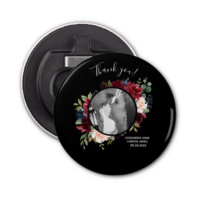 Blush Burgundy Foto Floral Elegante Hochzeit Flaschenöffner (Vorderseite)