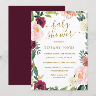 Blush Burgundy Gold Floral Baby Dusche einladen Einladung