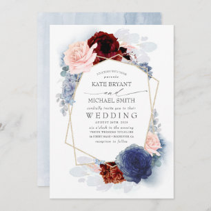 Blush Burgundy Navy Blue Floral Wedding Einladung
