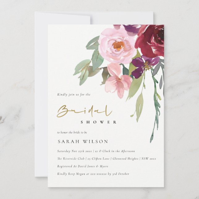 BLUSH BURGUNDY PEACH FLORAL BRAUTPARTY EINLADEN DANKESKARTE (Vorderseite)