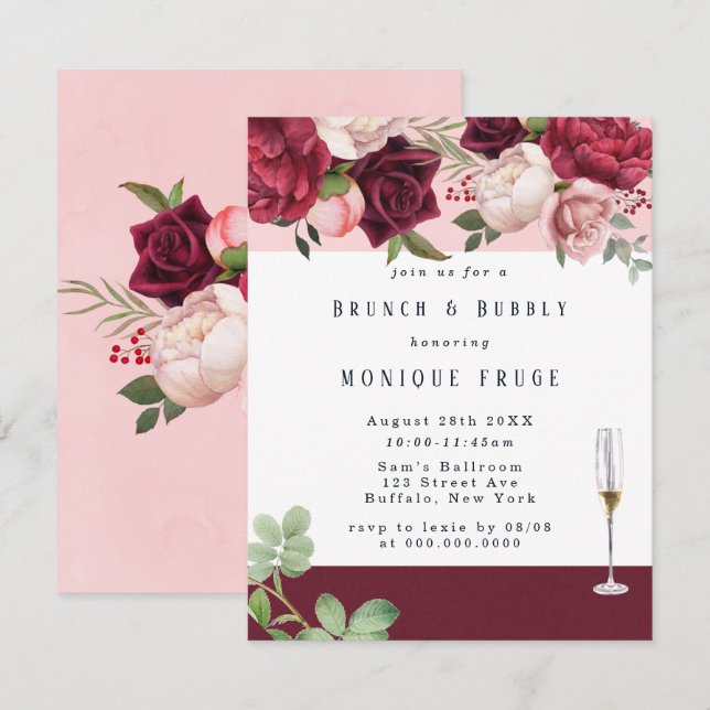 Blush Burgundy Peony Chic Brunch & Bubbly Einladun Einladung (Vorne/Hinten)