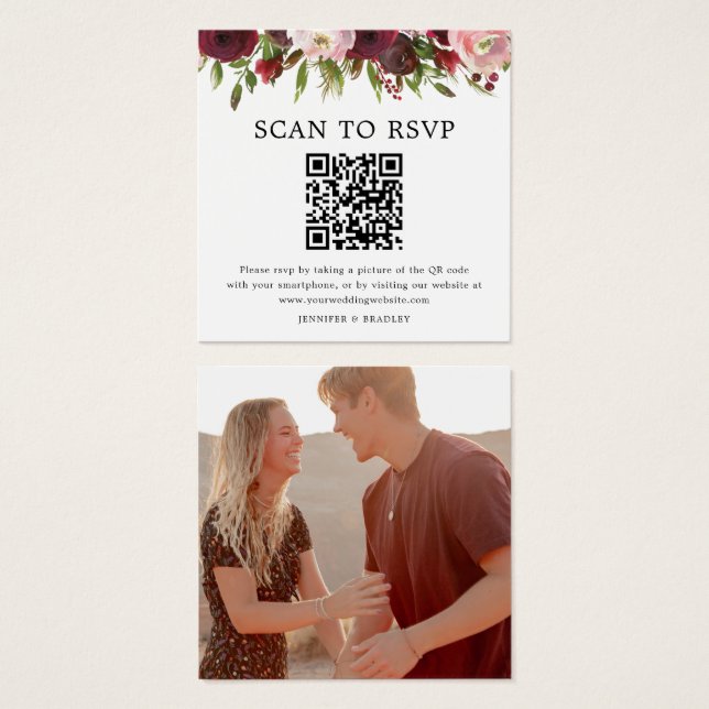 Blush Burgundy QR Code Foto Wedding RSVP Card (Vorne & Hinten)