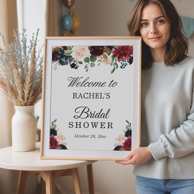 Blush Burgundy Red Blue Floral Brautparty Sign Poster (Von Creator hochgeladen)