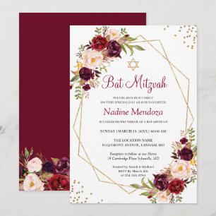 Blush Burgundy Red Floral Geometric Bat Mitzvah Einladung