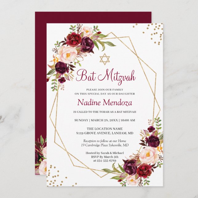 Blush Burgundy Red Floral Geometric Bat Mitzvah Einladung (Vorne/Hinten)