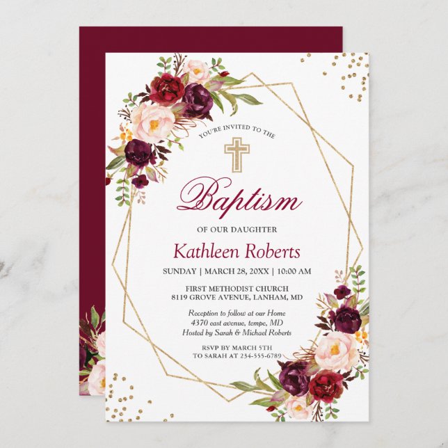 Blush Burgundy Red Floral Taufen Christening Einladung (Vorne/Hinten)