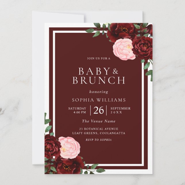 Blush & Burgundy Rote Rosen Babydusche Brunch Einladung (Vorderseite)