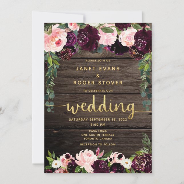 Blush Burgundy Rustic Gold Calligraphy Wedding Einladung (Vorderseite)