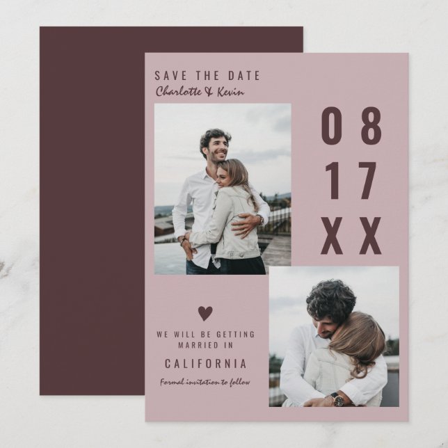 Blush burgundy Save the Date Hochzeit 2 Fotos (Vorne/Hinten)