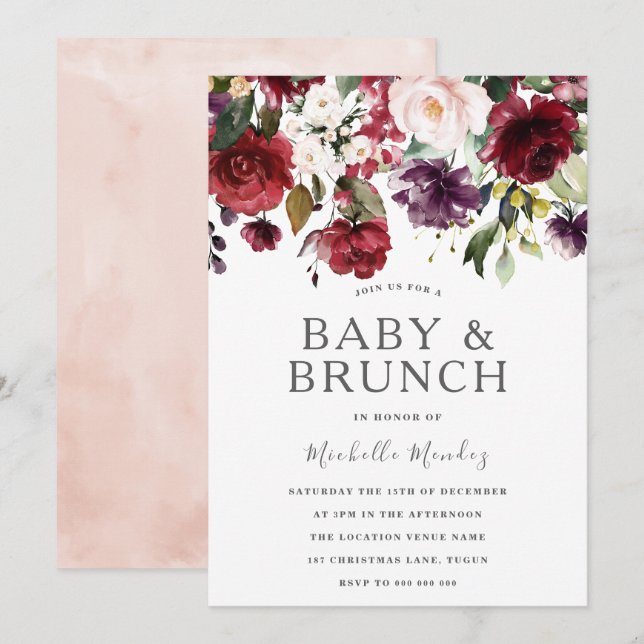 Blush Burgundy Watercolor Babydusche & Brunch Einladung (Vorne/Hinten)