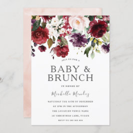 Blush Burgundy Watercolor Babydusche & Brunch Einladung