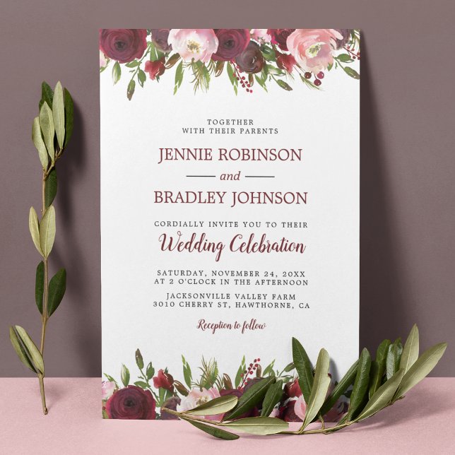 Blush Burgundy Watercolor Floral Wedding Einladung (Von Creator hochgeladen)