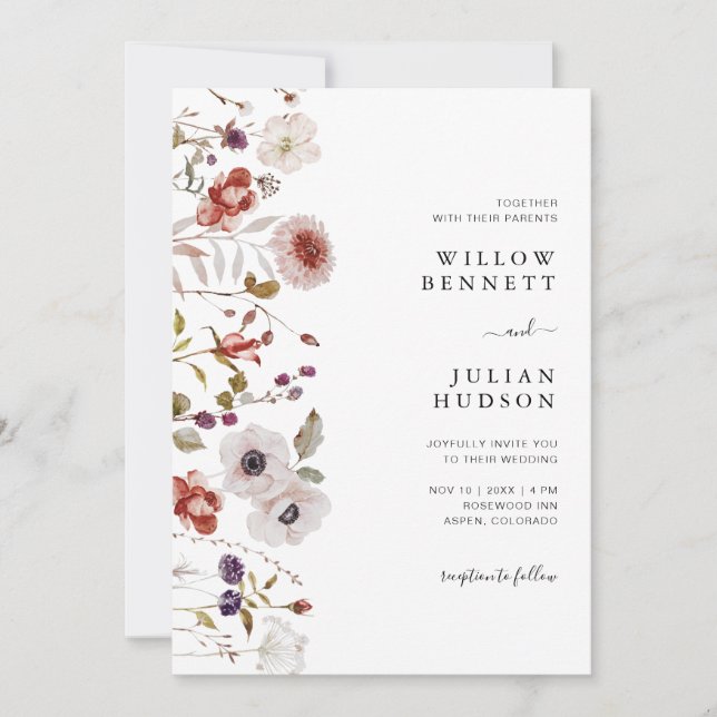 Blush Burgundy Watercolor Floral Wedding Einladung (Vorderseite)
