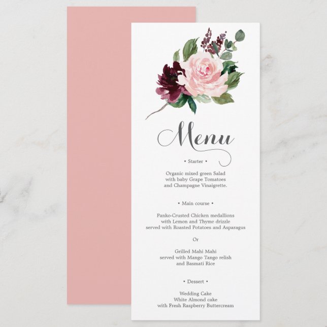 Blush Burgundy Wedding Menu oder Brautparty Menu Einladung (Vorne/Hinten)