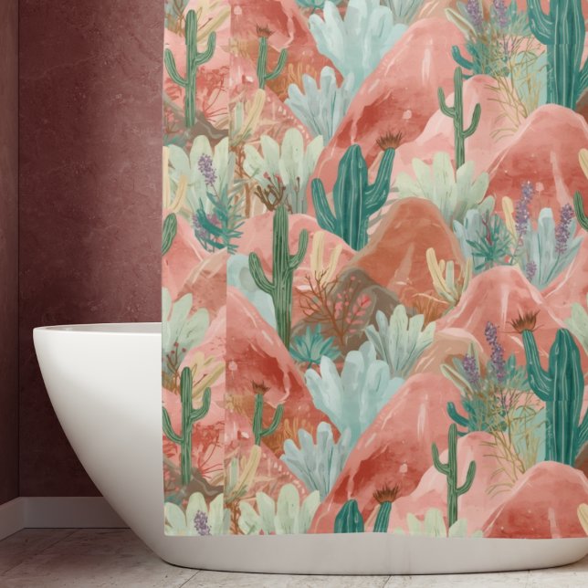 Blush Canyon Desert Bloom Aquarell  Duschvorhang (Blush canyon shower curtain with watercolor cacti, terracotta mountains, and soft desert blooms.)