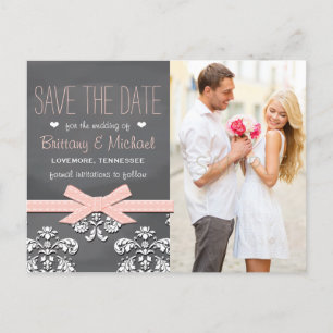 Blush Chalkboard Lace Bow Save the Date Postkarte