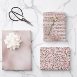 Blush Champagne Pink Glitzer Glam Streifen Geschenkpapier Set