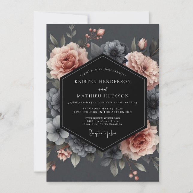 Blush Charcoal Somber Flora Wedding Einladung (Vorderseite)