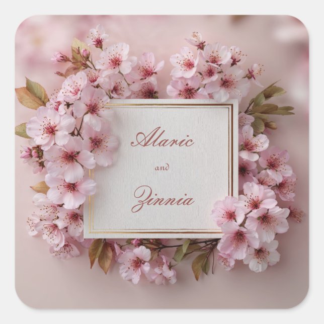 Blush Cherry Blossom Wedding Quadratischer Aufkleber (Vorderseite)