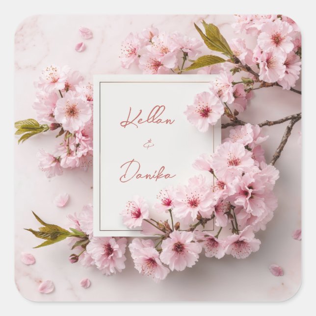 Blush Cherry Blossom Wedding Quadratischer Aufkleber (Vorderseite)