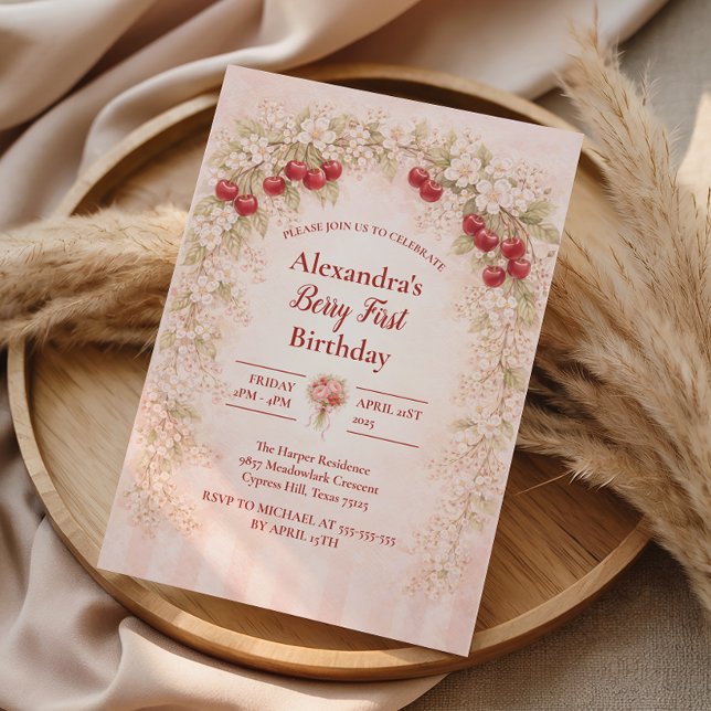 Blush Cherry Botanical Party 1st Birthday Einladung (Von Creator hochgeladen)