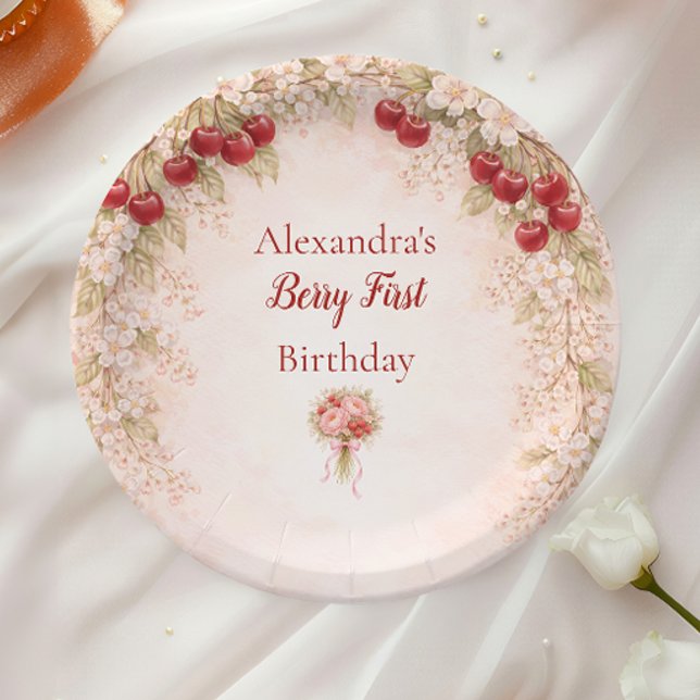 Blush Cherry Botanical Party 1st Birthday Pappteller (Von Creator hochgeladen)
