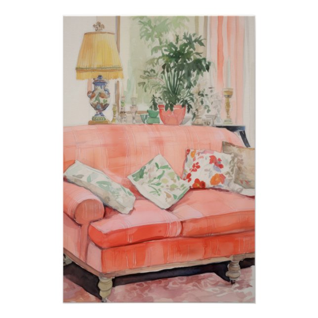Blush Comfort – Wasserfarbe Rosa Sofa Wohnzimmer Poster (Vorderseite)