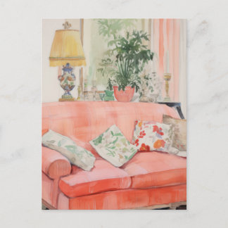 Blush Comfort – Watercolor Pink Couch Living Room Postkarte