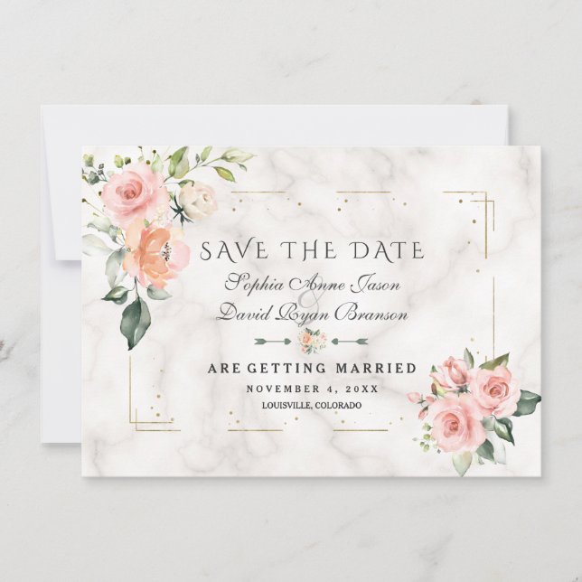 Blush Cream Floral Gold Glitzer Marmorhochzeit Save The Date (Vorderseite)