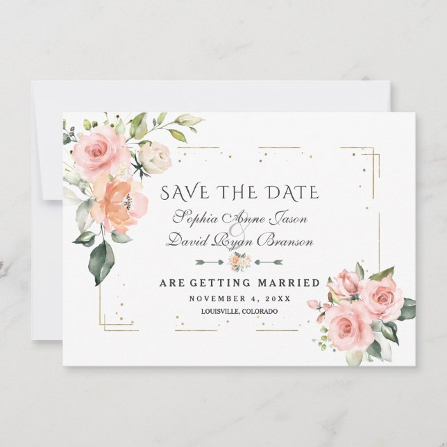 Blush Cream Floral Gold Glitzer Rahmen Hochzeit Save The Date (Vorderseite)