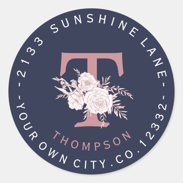 Blush Cream Floral Monogram, Circle Address Label Runder Aufkleber (Vorderseite)