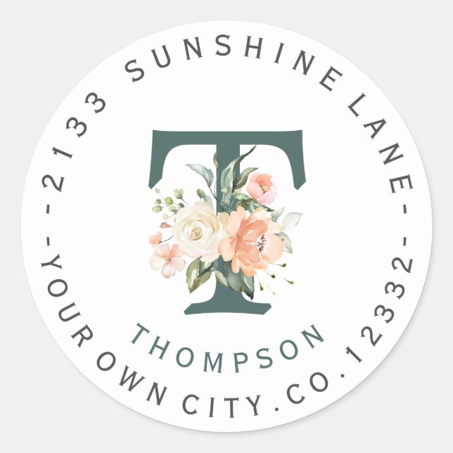 Blush Cream Floral Monogram, Circle Address Label Runder Aufkleber (Vorderseite)