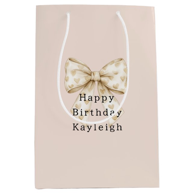 Blush Cream Hearts Bows Birthday Mittlere Geschenktüte (Vorderseite)