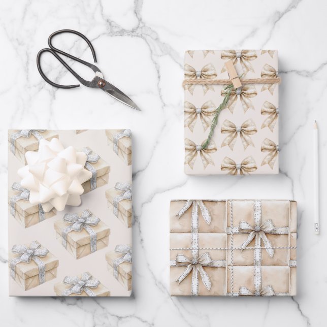 Blush Cream Silver Sparkle Bows Gifts Christmas Geschenkpapier Set (Vorderseite)