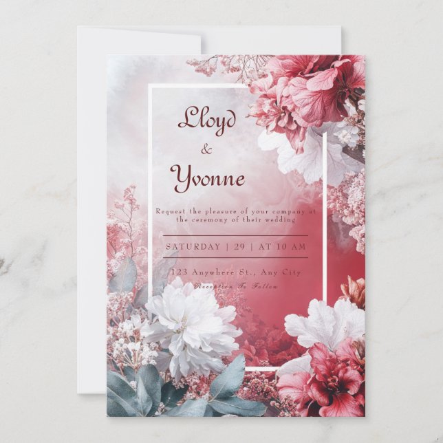 Blush & Crimson Floral Watercolor Hochzeit Einladung (Vorderseite)