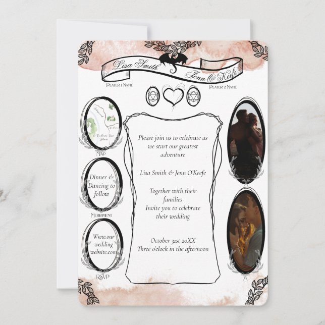 Blush D20 Tabletop RPG Fantasy Dice Wedding Einladung (Vorderseite)
