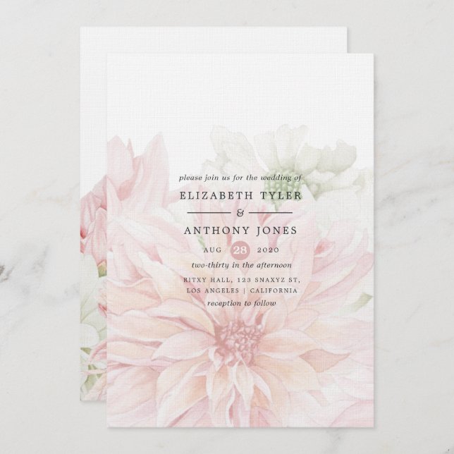 Blush Dahlias Floral Wedding Einladung (Vorne/Hinten)