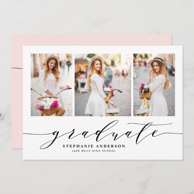 Blush Dainty Script Drei-Foto-Graduierungspartei Einladung (Vorne/Hinten)