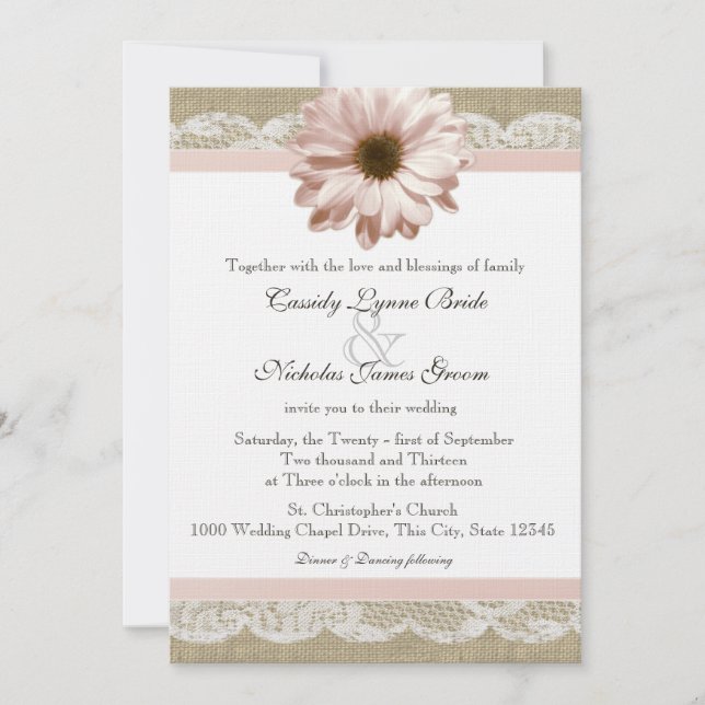 Blush Daisy Country Lace und Burlap Wedding Einladung (Vorderseite)