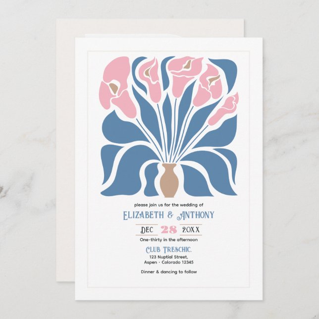 Blush & Denim Clay Abstract Floral Boho Wedding Einladung (Vorne/Hinten)