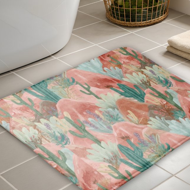 Blush Desert Bloom Watercolor Garden Badematte (Blush desert bath mat with watercolor cacti, terracotta canyons, and soft sage green desert blooms.)