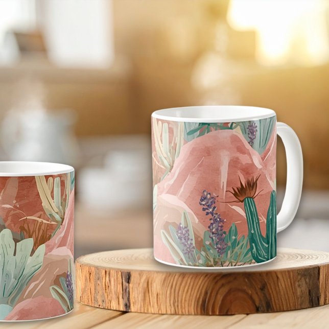 Blush Desert Bloom Watercolor Landscape Kaffeetasse (Blush canyon mug with watercolor cacti and soft desert blooms in terracotta, sage, and lavender hues)