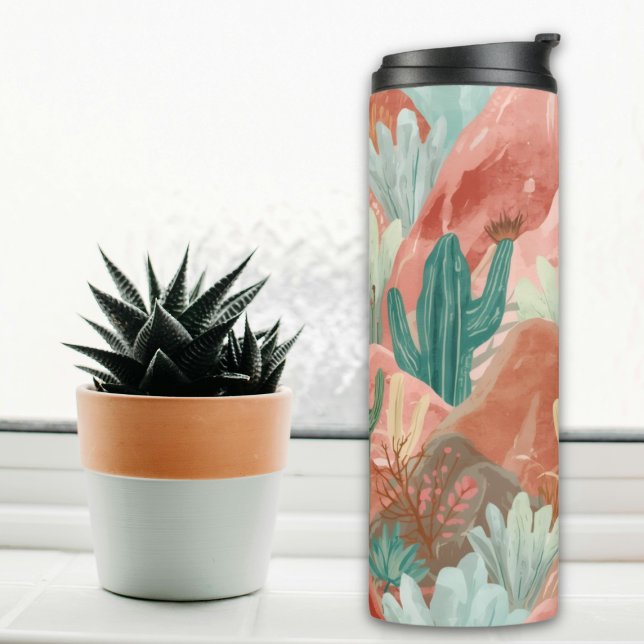 Blush Desert Bloom Watercolor Landscape Thermosbecher (Blush desert tumbler with watercolor cacti, terracotta canyons, and soft sage green desert blooms.)