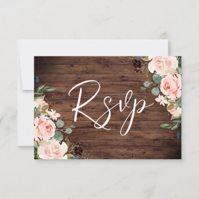 Blush Dreams: Blush Blume & Rustic Wood Wedding RSVP Karte (Vorderseite)