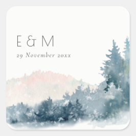 BLUSH DUSKY BLUE BERGE PINE MONOGRAM WEDING QUADRATISCHER AUFKLEBER