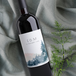 BLUSH DUSKY BLUE BERGE PINE MONOGRAM WEDING WEINETIKETT