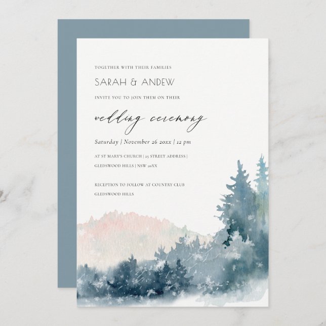 BLUSH DUSKY BLUE BERGE PINE WEDING INVITE DANKESKARTE (Vorne/Hinten)
